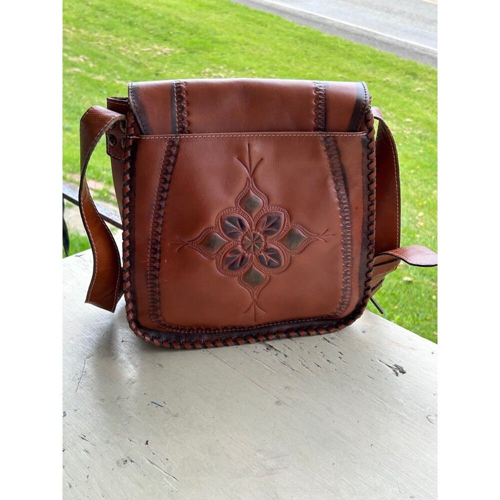 Patricia Nash Tan Hand Tooled Leather Satchel Crossbody bag with Floral Design - Picture 2 of 10